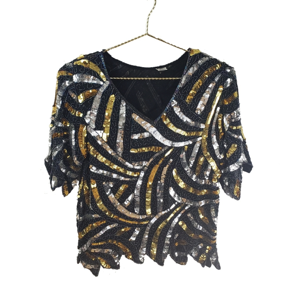 Vintage Black Silver Gold Sequined Beaded Silk Top